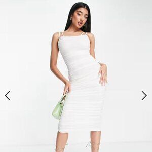 asos small size 2 ruched mesh bodycon dress white midi